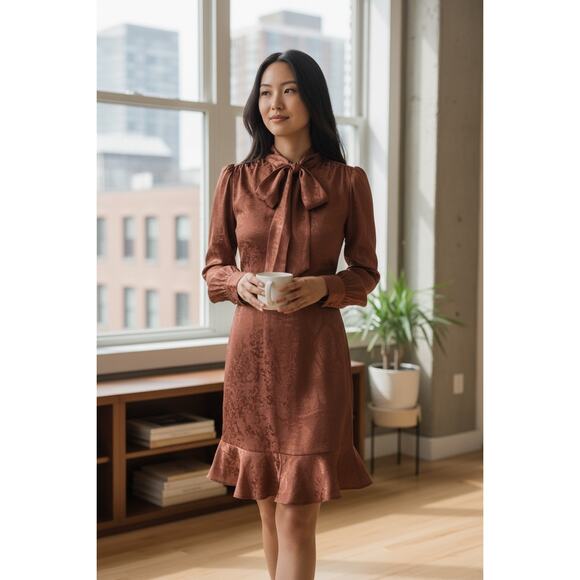 Express Copper Satin Jacquard Tie-Neck Ruffle Hem Long Sleeve Dress XS - Picture 1 of 5